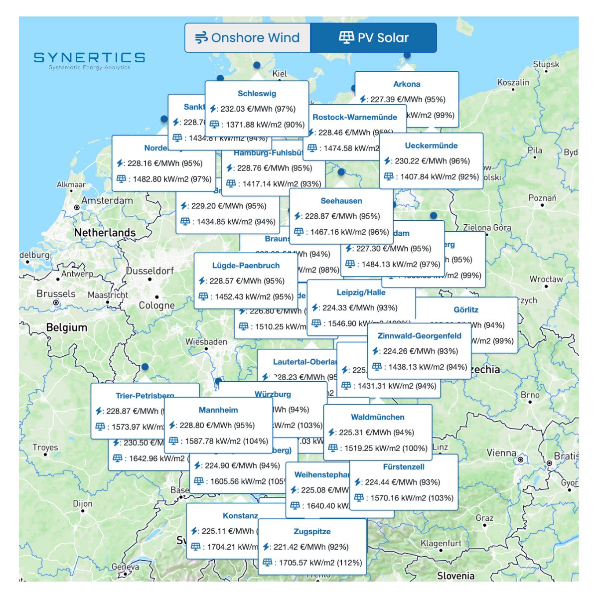 PV Solar and Onshore Wind Capture Prices between January and December 2022 throughout individual locations in Germany.