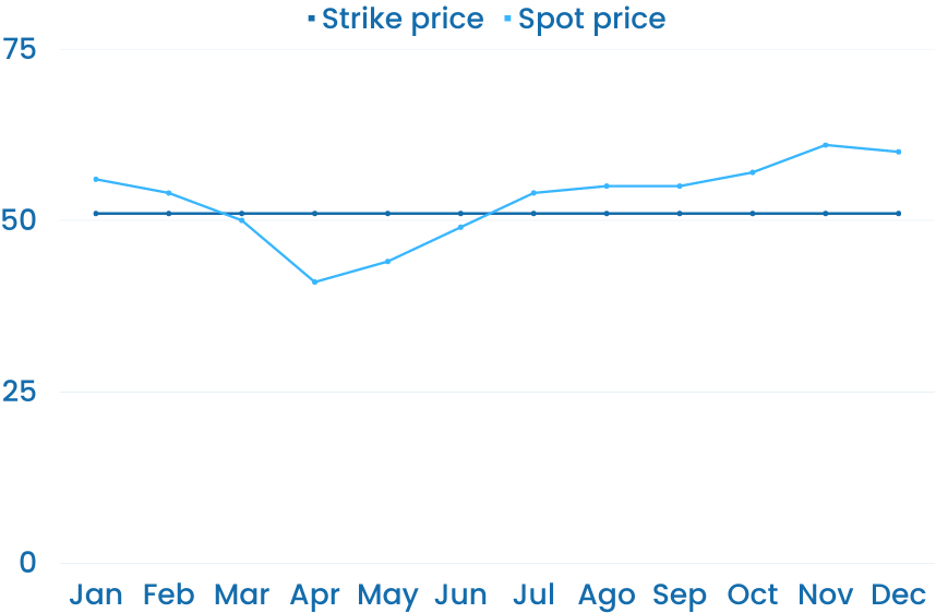 Line chart illustrating the Strike and Spot price fluctuations